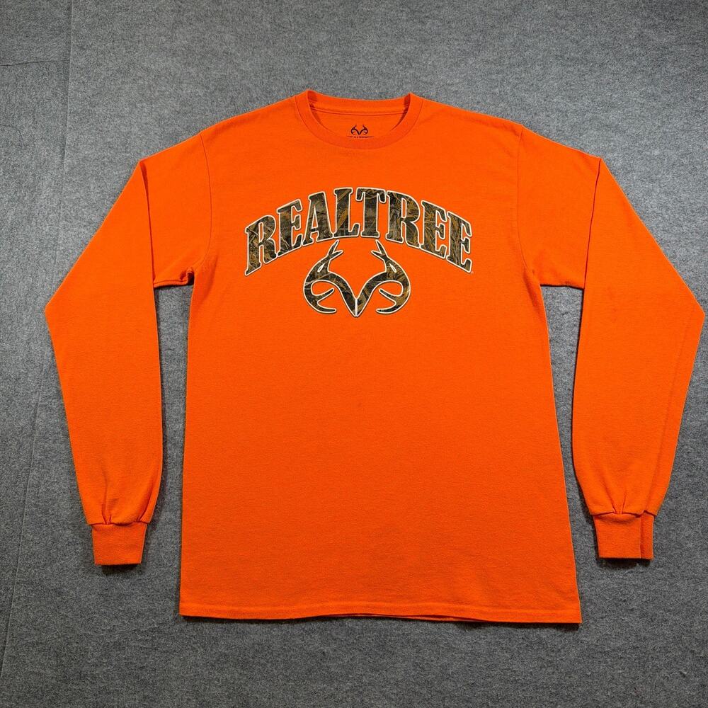 Realtree Long Sleeve T Shirt Mens M Blaze Orange Camo Logo Hunting Graphic Tee